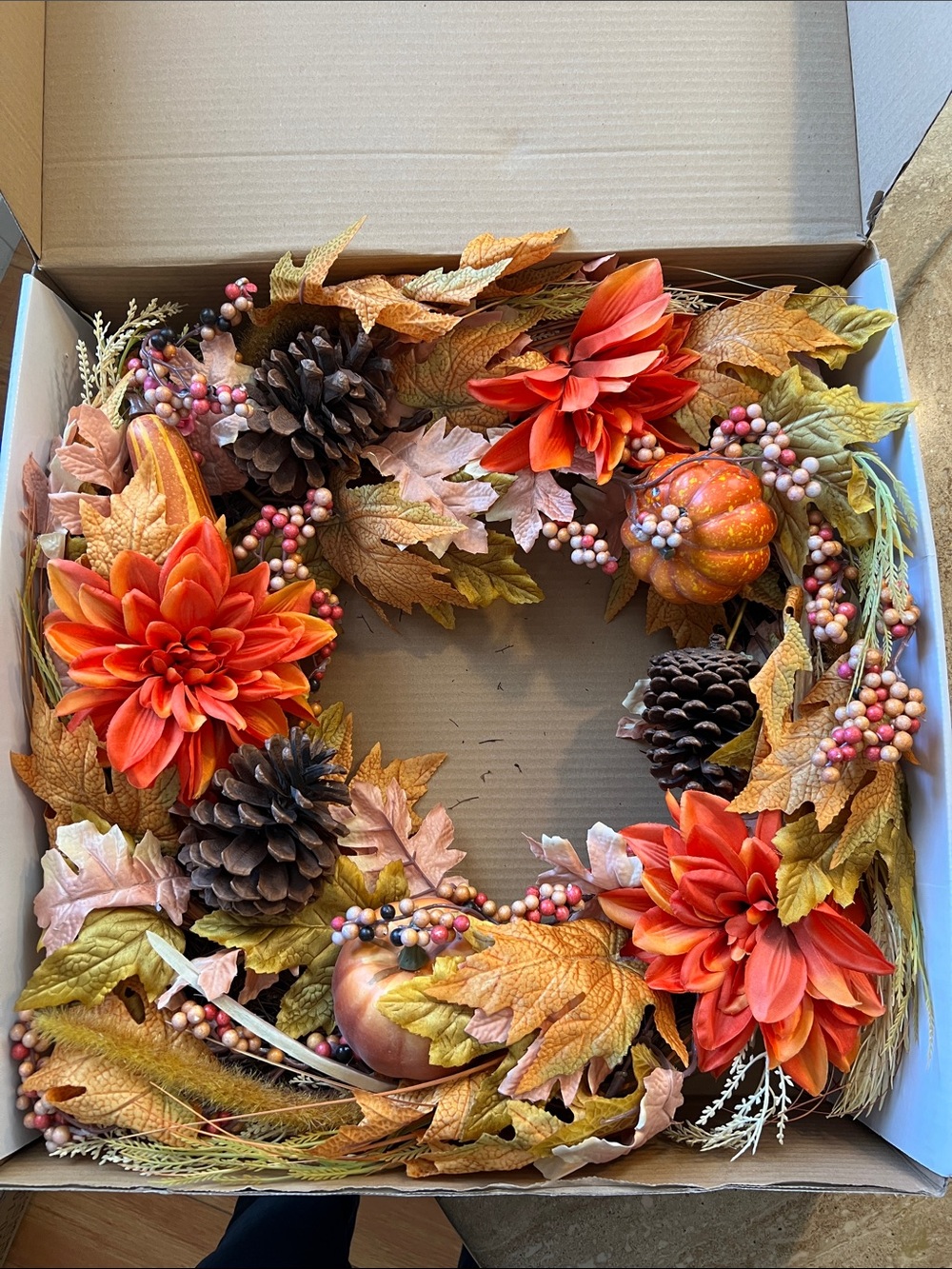 Fall Autumn Harvest Wreath with Pinecone & Pumpkin Accents